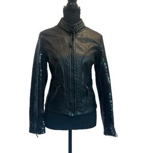 Aldo black sequin leather biker moto jacket Sz S